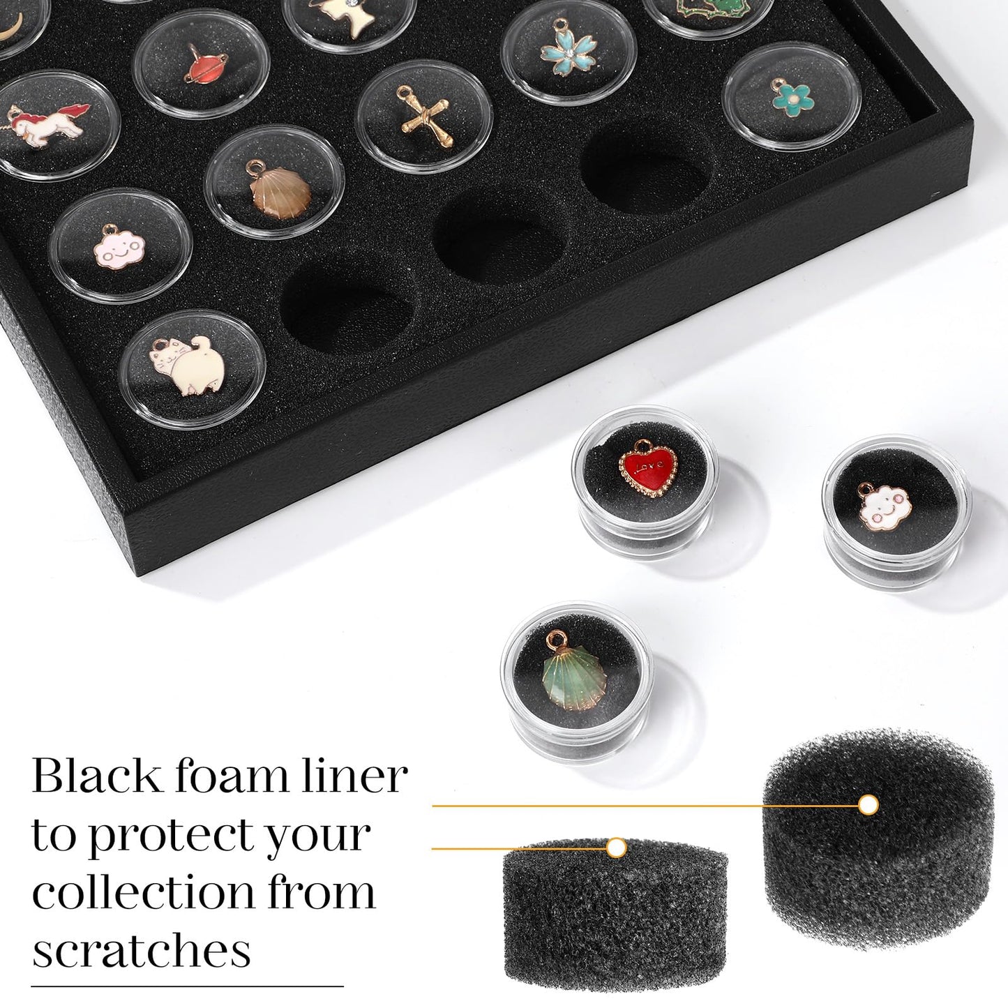 Geelin 3 Pcs Gem Display 75 Case Gem Jars Small Size 8.0" x 8.0" x 0.75" Black Tray Foam Sheet Gemstones Storage Jars with Lids Insert Trays for Collectibles Jewelry Coins and Gemstone Storage