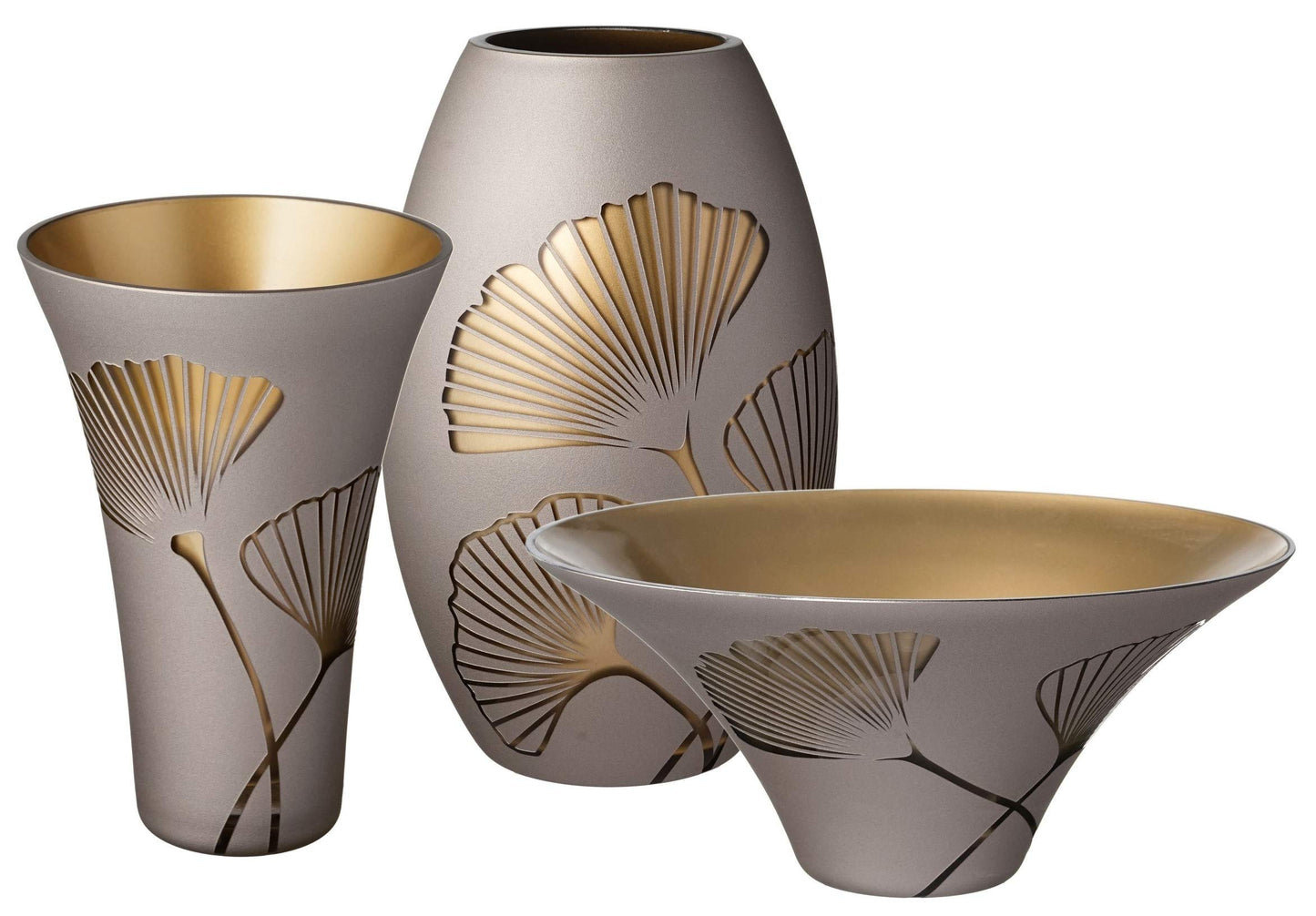 Golden Glass Vase - Etched & Painted Gold Ginkgo Leaves Decor - Mouth Blown Thick Glass - Elegant Home Wedding Decor - Golden Gift Box - 9.4 in (24 cm)