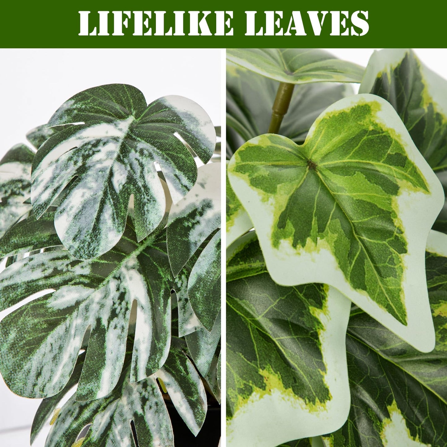 Arborus Artificial Potted Plants Set of 2 – Faux Variegated Monstera & Ivy Plants in Ceramic Pots, Small Artificial Hanging Greenery for Modern Home, Desk, Shelf & Bathroom Décor