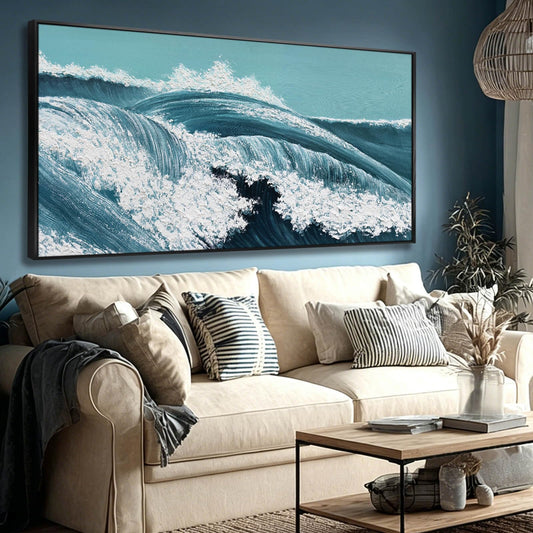 CHUDANHAO Large Wall Art Giant Ocean Wave Landscape Pictures,Vintage Blue Ocean Horizontal Wall Decor,White Abstract Nature Artwork,24"x48"Neutral Seascape Prints for Living Room,Bedroom,Office