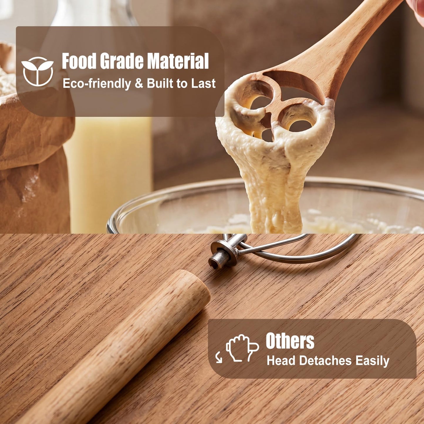 SiliFine Danish Dough Whisk Set of 3, 13" One-piece Acacia Wood Sourdough Whisk for Bread, Pizza, Batter & Starter, Cake Biscuits Flow-through Design, Handmade Bread Baking Gift