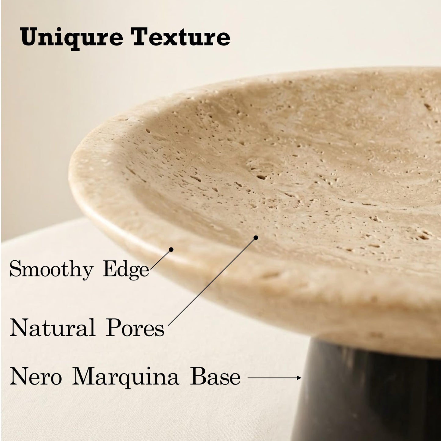 BekPooQ Travertine Decorative Fruit Bowl with Black Marble Pedestal, 10.2" Large Natural Stone Centerpiece Bowl for Kitchen Counter, Dining Table & Entryway Decor