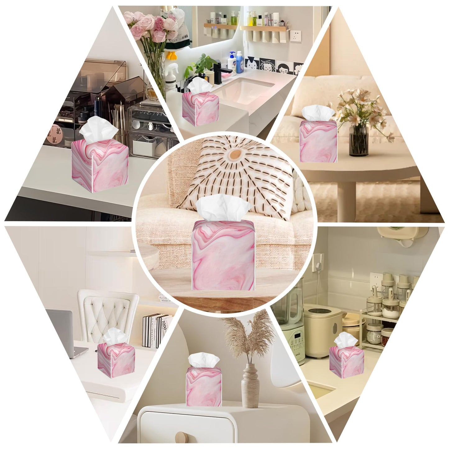 BLYKVGHQ Pink Liquid Marble Tissue Box Cover Square, Tissue Box Holder with Bottom Belt Leather Facial Paper Organizer Dispenser for Bathroom Bedroom Dresser Night Stand Tabletop