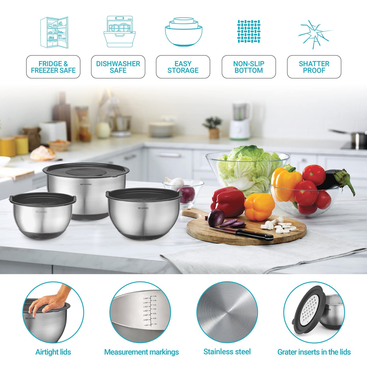 Belwares Mixing Bowls with Lids Set of 5 - Stainless Steel Mixing Bowl Set, Nesting Metal Bowls with Non Slip Bottoms + 3 Grater Attachments, Airtight Lids for Baking, Food Prep + Storage, Black