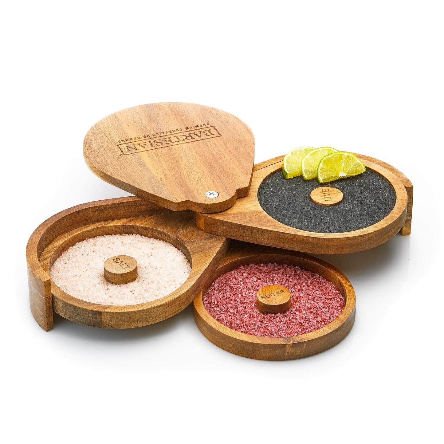 Bartesian Acacia Wood 3-Tier Cocktail Glass Rimmer Set - Luxury Home Bar Tool with Salt, Sugar & Lime Compartments - Professional Margarita and Craft Cocktails Bartender Rimming Station