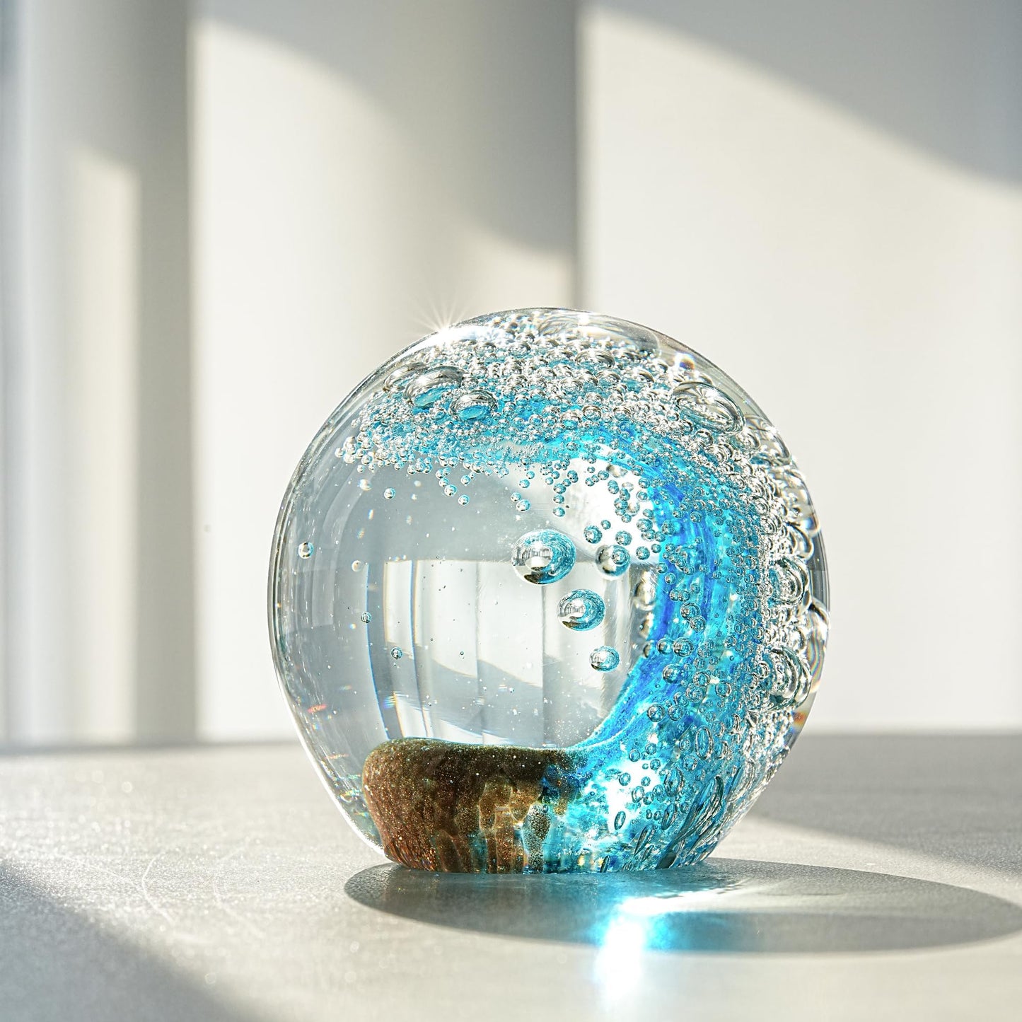 ZEERSHEE Hand Blown Ocean Wave Glass Ball, 2.3" Blue Glass Paperweight