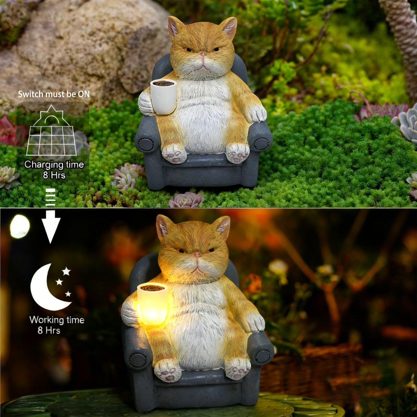 AmoroHui Hand-Painted Orange White Shatterproof Resin Cat Figurine with LED Light - Glowing Coffee Cup Design Outdoor Decor (5.1x4.1x5.5 Inch) (cat)