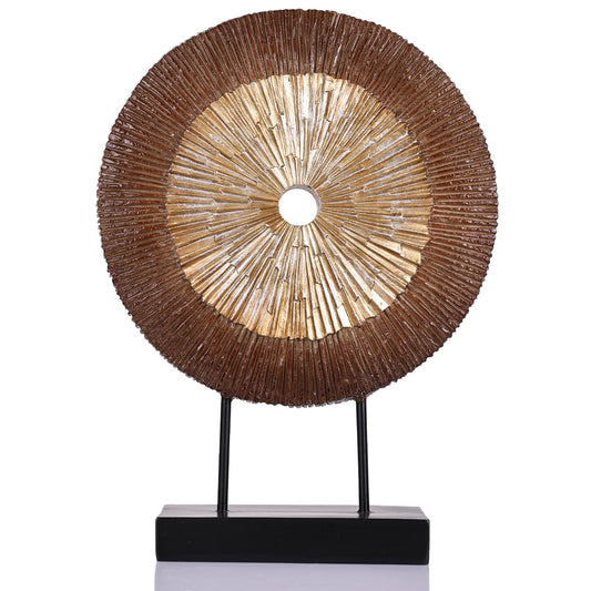 oliruim 12" Tall Abstract Brown Gold Round Sculpture - Unique Wood Color Home Decoration for Above Cupboard Decor, Living Room Coffee Table, Console, Office, Entrance, Table Centerpieces (Brown Gold)