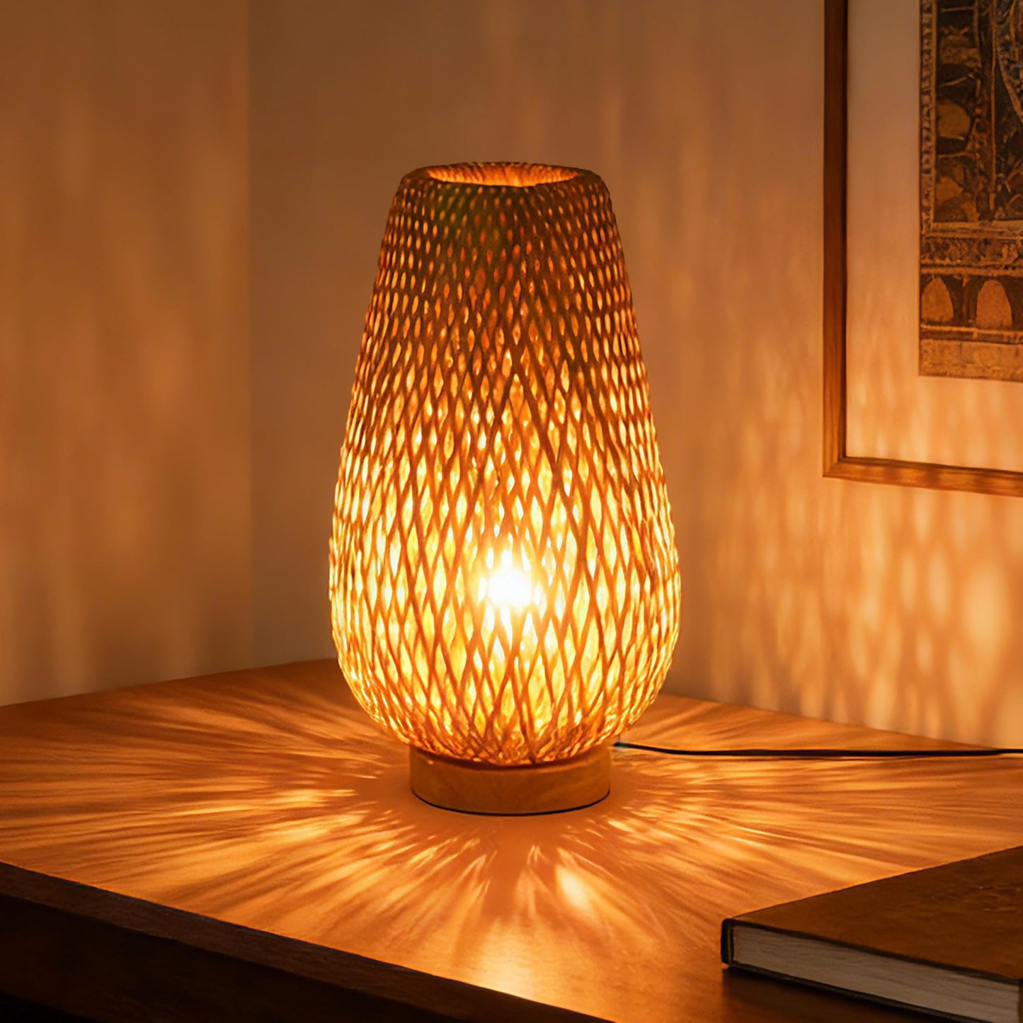 WALMHEIM Boho Bamboo Table Lamp, Dimmable Rustic Farmhouse Hand Wicker Desk Lamp Bedside Lamps Night Light Decorations for Bedroom, Living Room, Home Office, Nursery, Reading Nook (Bulb Included)