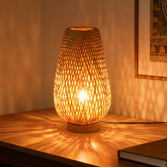 WALMHEIM Boho Bamboo Table Lamp, Dimmable Rustic Farmhouse Hand Wicker Desk Lamp Bedside Lamps Night Light Decorations for Bedroom, Living Room, Home Office, Nursery, Reading Nook (Bulb Included)