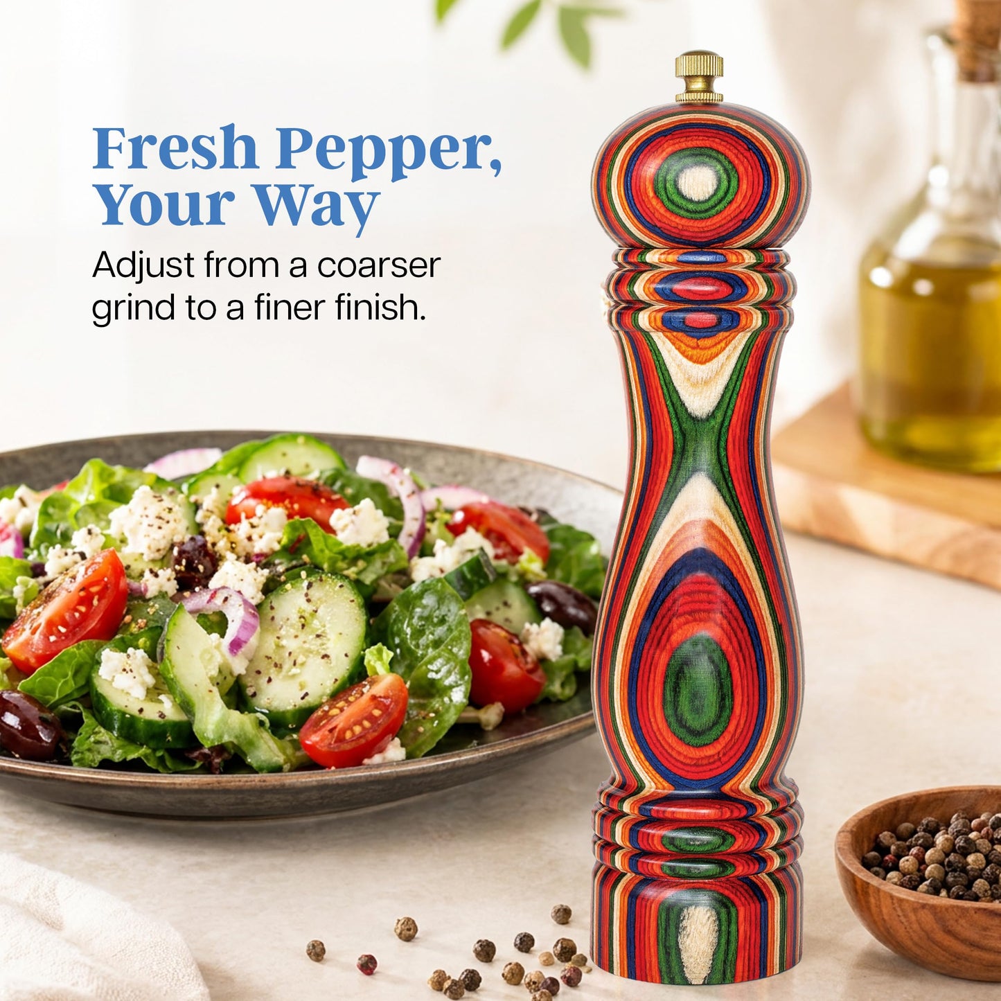 Baltique Marrakesh Wooden Pepper Grinder, Colorful Wood Pepper Mill with Adjustable Stainless Steel Grinding Mechanism, Refillable Manual Mill for Kitchen and Table Use, 8-Inch