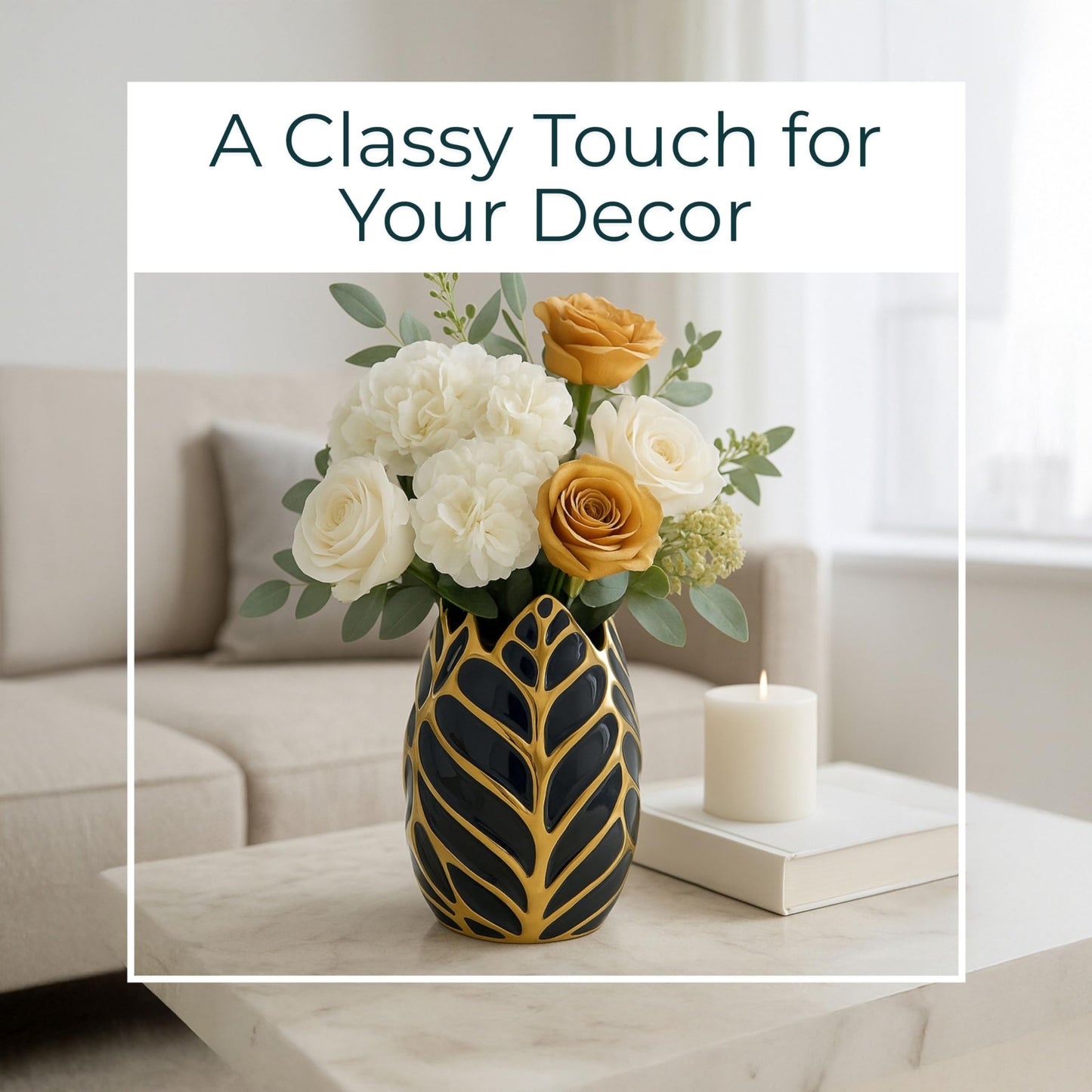 Sculpted Leaf Ceramic Vase – Modern Flower Vase for Fresh or Faux Stems, Tabletop Decor for Living Room or Office – Flower Holder Accent, Home Decor – 8", Dark Navy Blue & Gold Finish