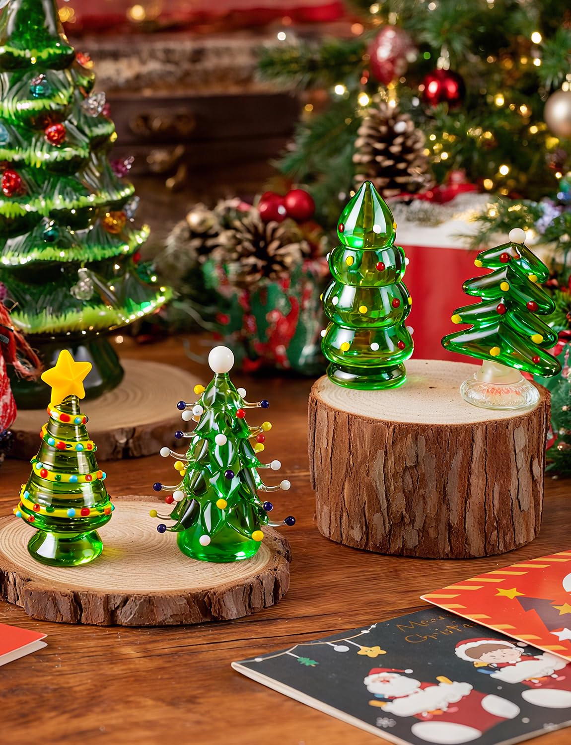 ALDMIO 4Pcs Blown Glass Christmas Tree Decor, Mini Christmas Tree Figurines Art Decorations for Home Festival Xmas Decoration