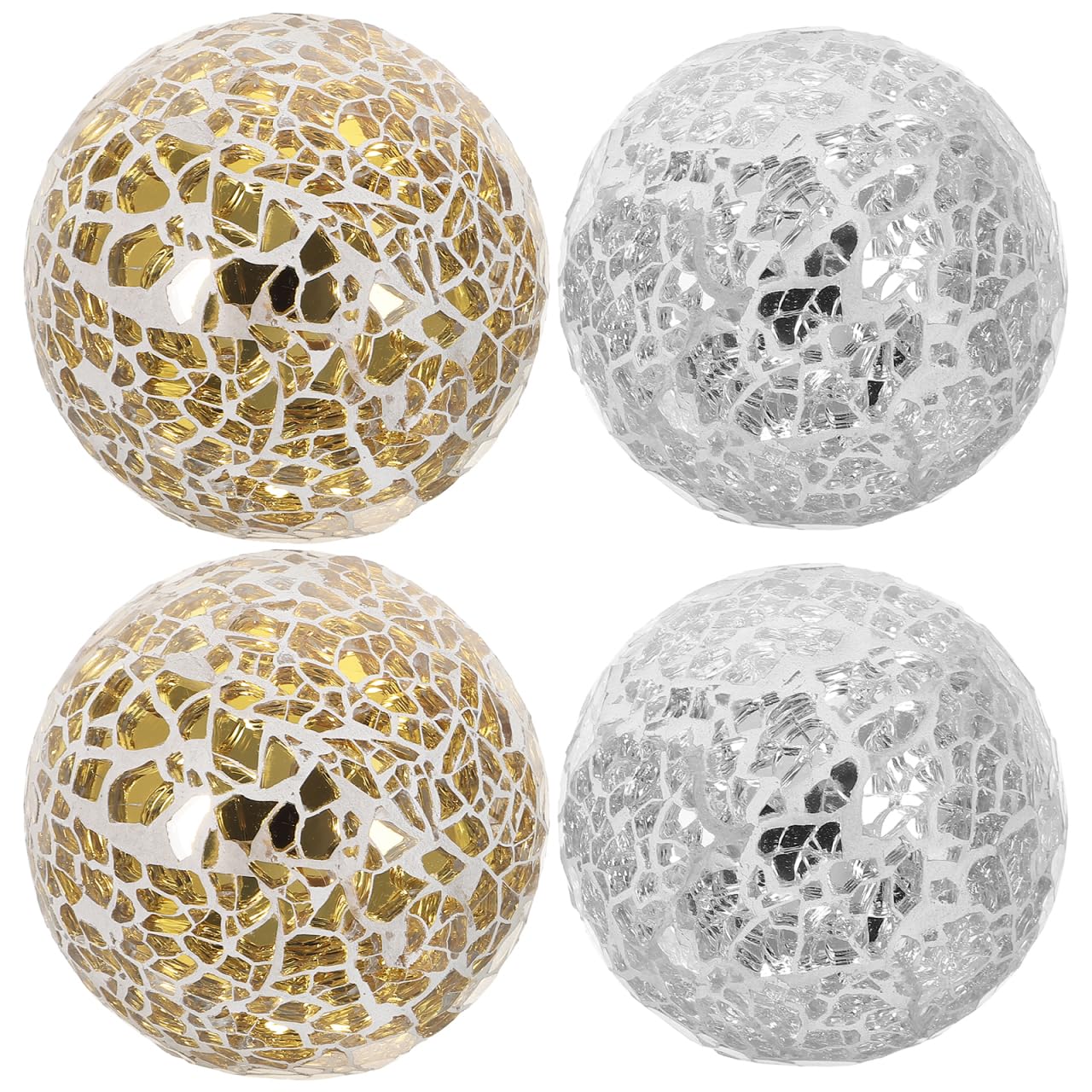 Amosfun 4Pcs Mosaic Glass Balls 3.1 Inch Decorative Orbs for Bowls Table Vases Home Decor Accents Silver and Gold