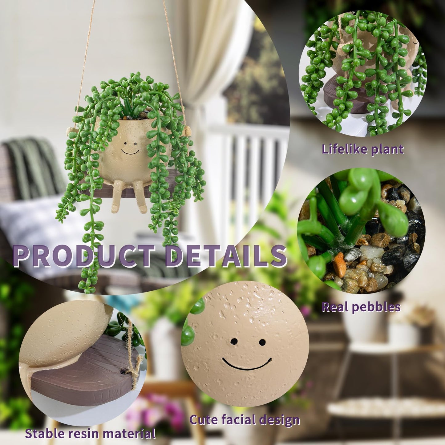 LUZOGA Artificial Hanging String of Pearls Succulent in Cute Smiley Face Swing Planter, Fake Trailing Succulent Plant for Indoor Outdoor Home Wall & Window Decor | Includes Hanging Hook