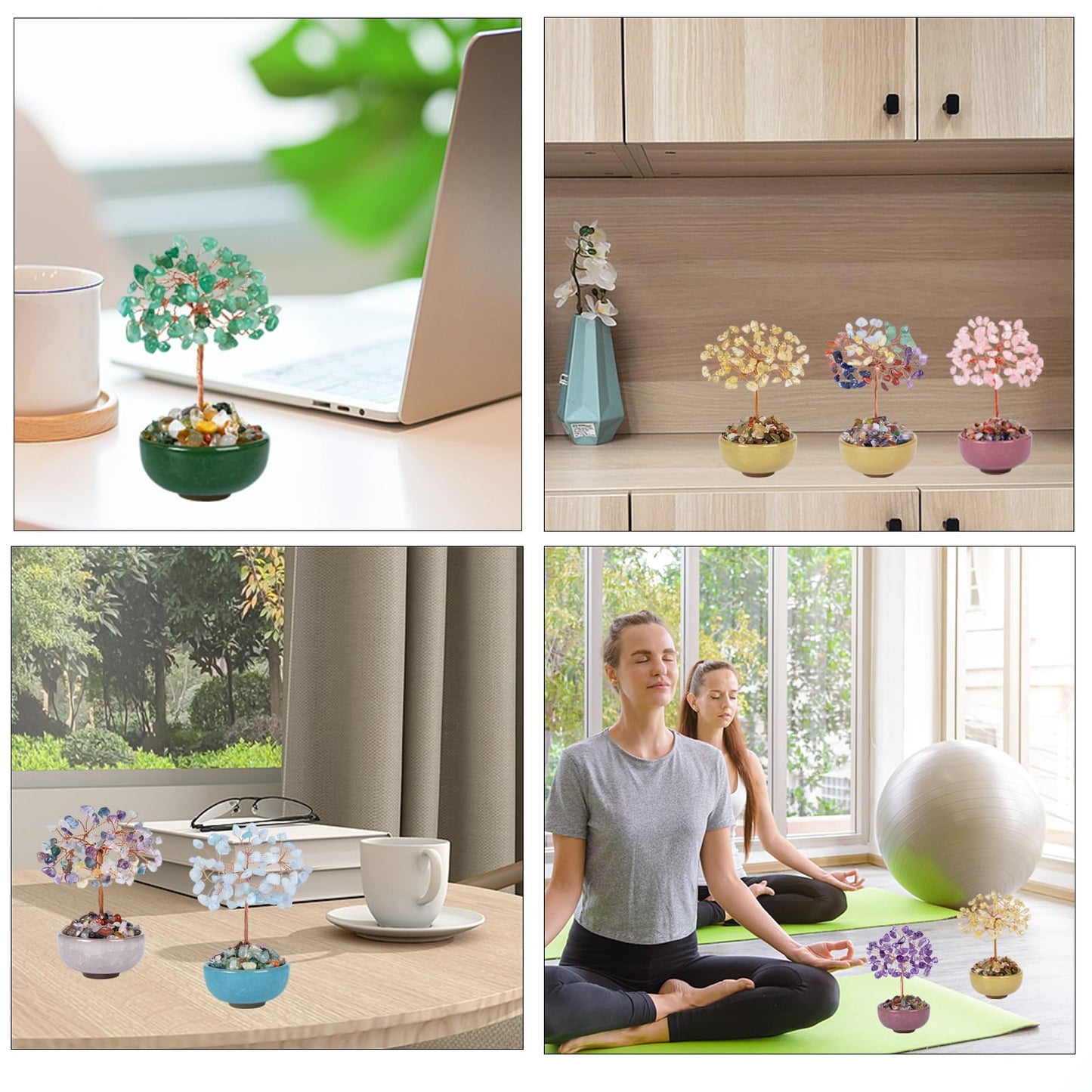Aquamarine Crystal Tree of Life with Ceramic Bowl Base, 5 Inch Feng Shui Money Tree for Wealth & Prosperity, Bonsai Tree for Home Office Desk Decor, Spiritual Reiki Healing Gift