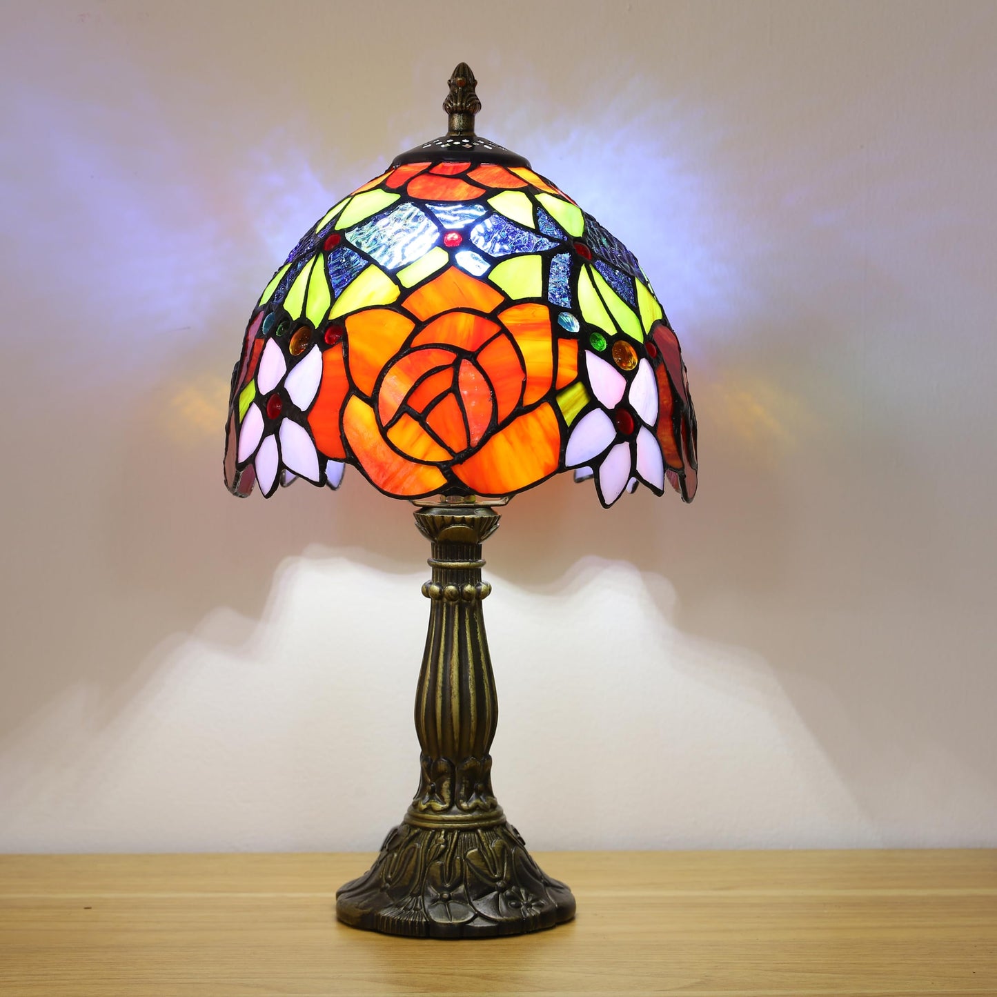 tuomoxte Tiffany Style Table Lamp 3 Color Temperatures Rose Flower Stained Glass Lamps Small Antique Bedside Nightstand Table Lamp for Bedroom Living Room Home Office, W/LED Bulb 8X8X15Inch