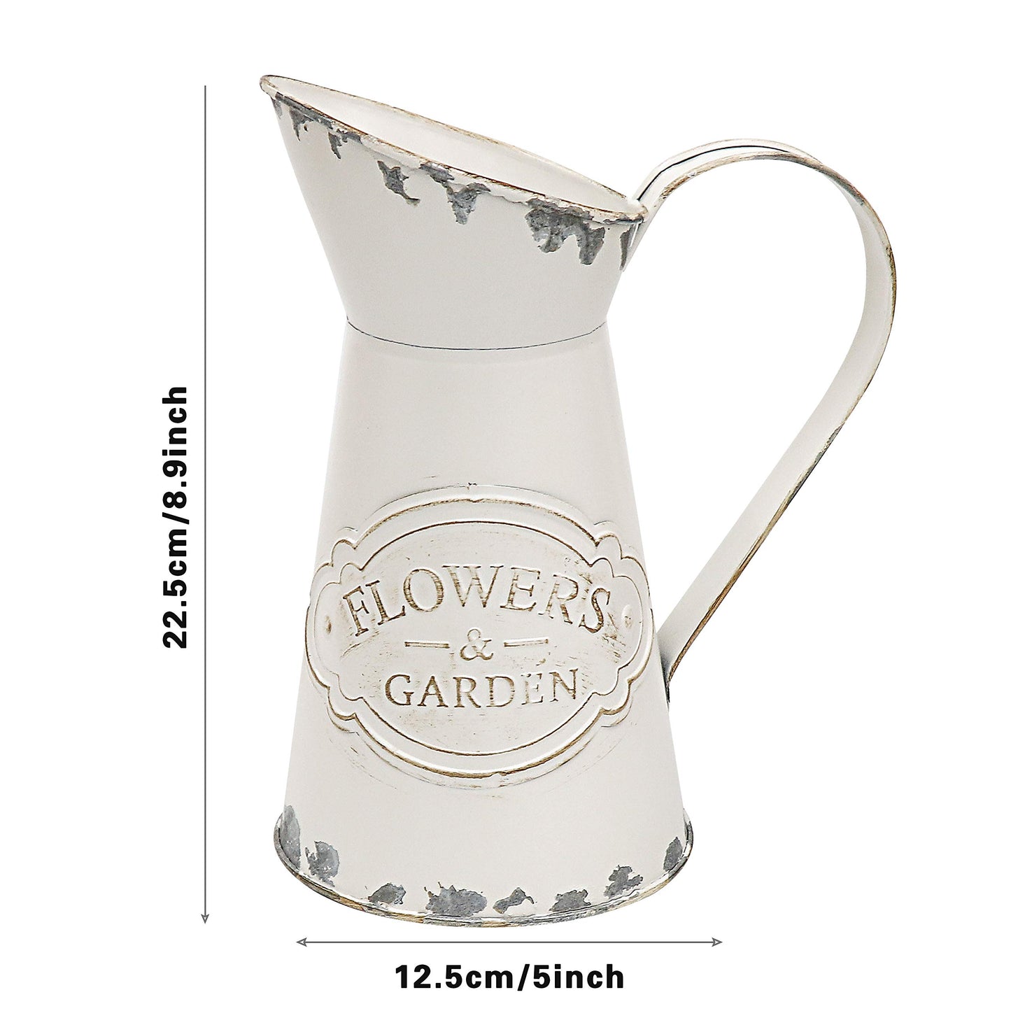 Rustic Vase for Flowers, Small White Metal Shabby Chic Jug, Farmhouse Vase for Home, Kitchen,Living Room - 8.7"(White)