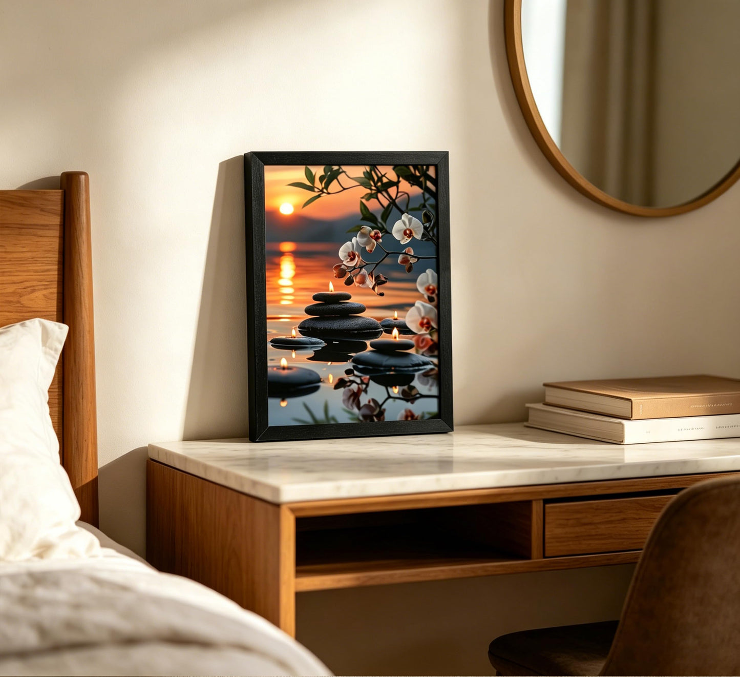 Framed Zen Orchid Stone Wall Art, Sunset Water Reflection Spa Decor with Floating Candles, Serene Botanical Canvas Print for Bathroom Bedroom Office, Calm Asian Inspired Artwork