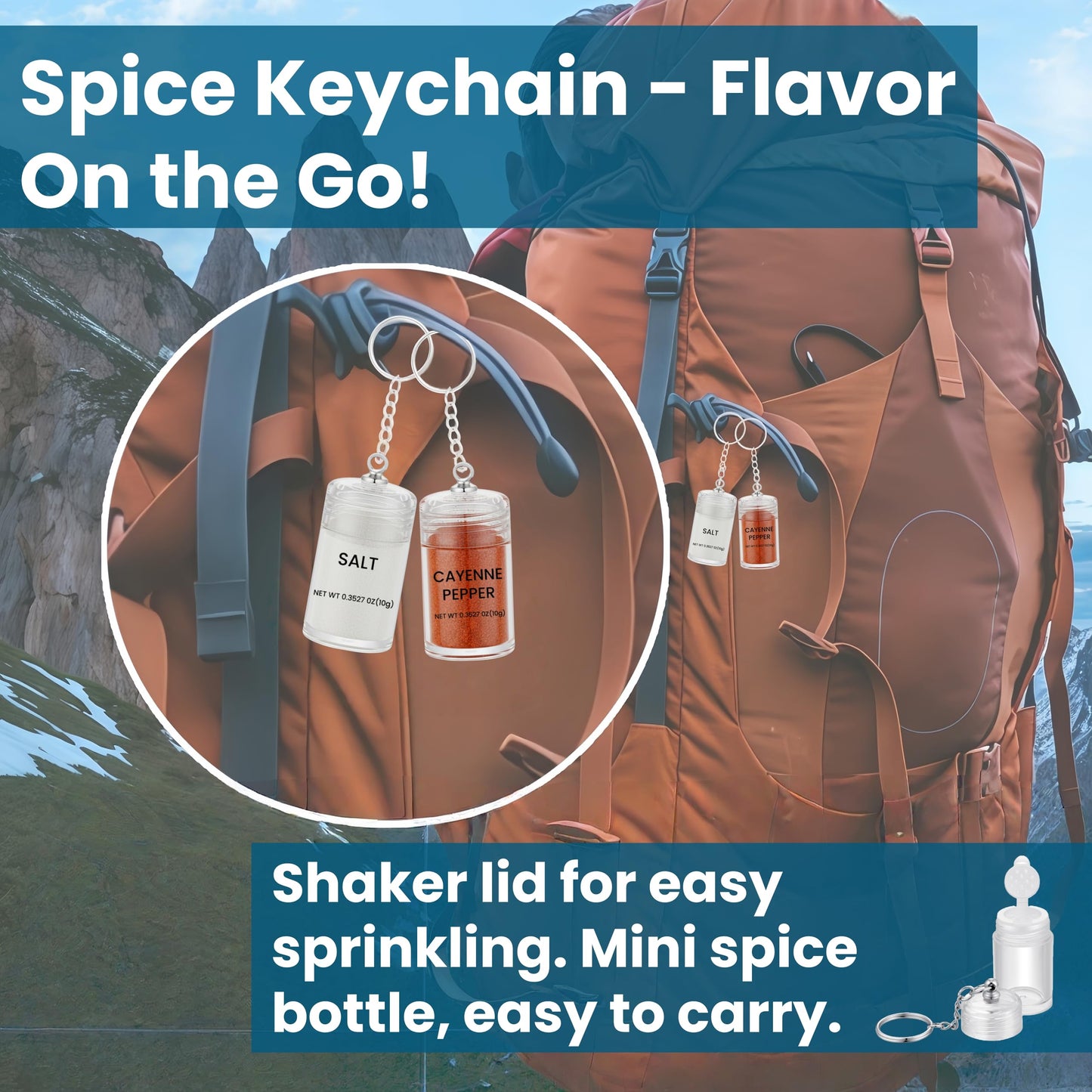 Mini Ground Black Pepper Keychain Bottle – Refillable AS Travel Pepper Shaker – Portable Spice Jar with 2 Stickers – Small Key Chain Shaker for Camping, Office, Picnics, Lunchboxes, Hiking