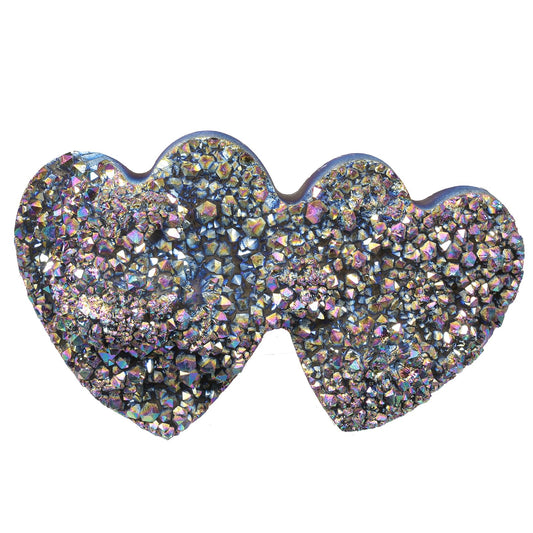 Rockcloud Double Heart Shape Titanium Coated Crystal Quartz, Natural Cluster Druzy Geode Figurine Mineral Specimen for Home Office Wedding Decor, Rainbow