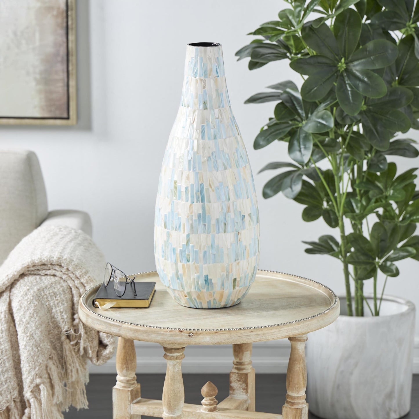 Deco 79 Mother of Pearl Shell Handmade Decorative Vase Mosaic Inspired Centerpiece Vase with Pastel Blue and Pink Accents, Flower Vase for Home Decoration 8" x 9" x 21", White