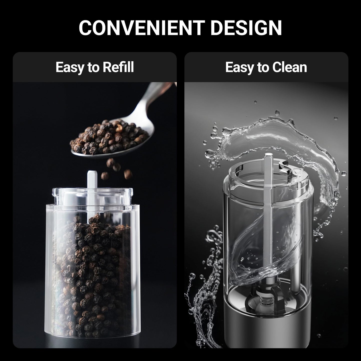 ThermoMaven Upgraded Larger Capacity Electric Salt and Pepper Grinder Set, 110ml Rechargeable Salt and Pepper Shaker with LED Light, 6 Adjustable Coarseness, Stainless Steel, Black & Silver