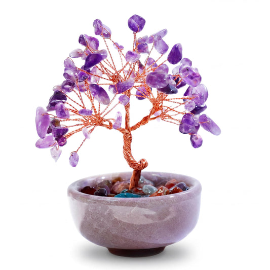 Handmade Crystal Money Tree Feng Shui Bonsai, Gemstone Tree of Life Healing Crystals Wealth Prosperity Decor for Home Office, Perfect Spiritual Gift (Purple)