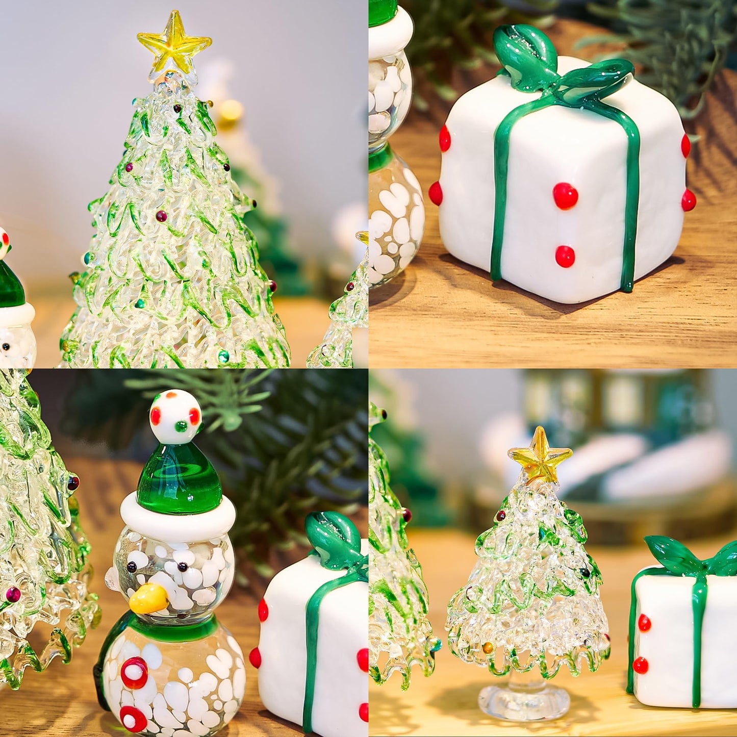 HDCRYSTALGIFTS Set of 4 Mini Blown Glass Christmas Figurines Collectible Miniatures Glass Christmas Tree & Snowman & Gift Box Ornaments Festival Gifts for Winter Holiday Home Tabletop Decor