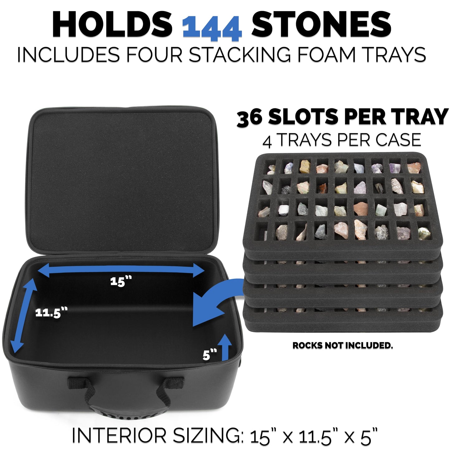 CASEMATIX Rock Collection Travel Case - 144 Slot Rock Collection Box with Four Protective Foam Trays, Crystal Storage and Travel Case with Shoulder Strap and ID Card Holder!
