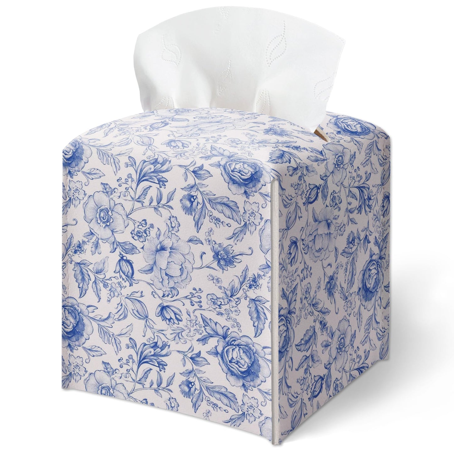 Boho Floral Toile Tissue Box Cover, Blue and White Floral Tissue Box Holder-Waterproof Leather, Desktop Decor for Living Room, Vanity, Office, Gift for Women & Friend, 5 x 5 Inches-A02