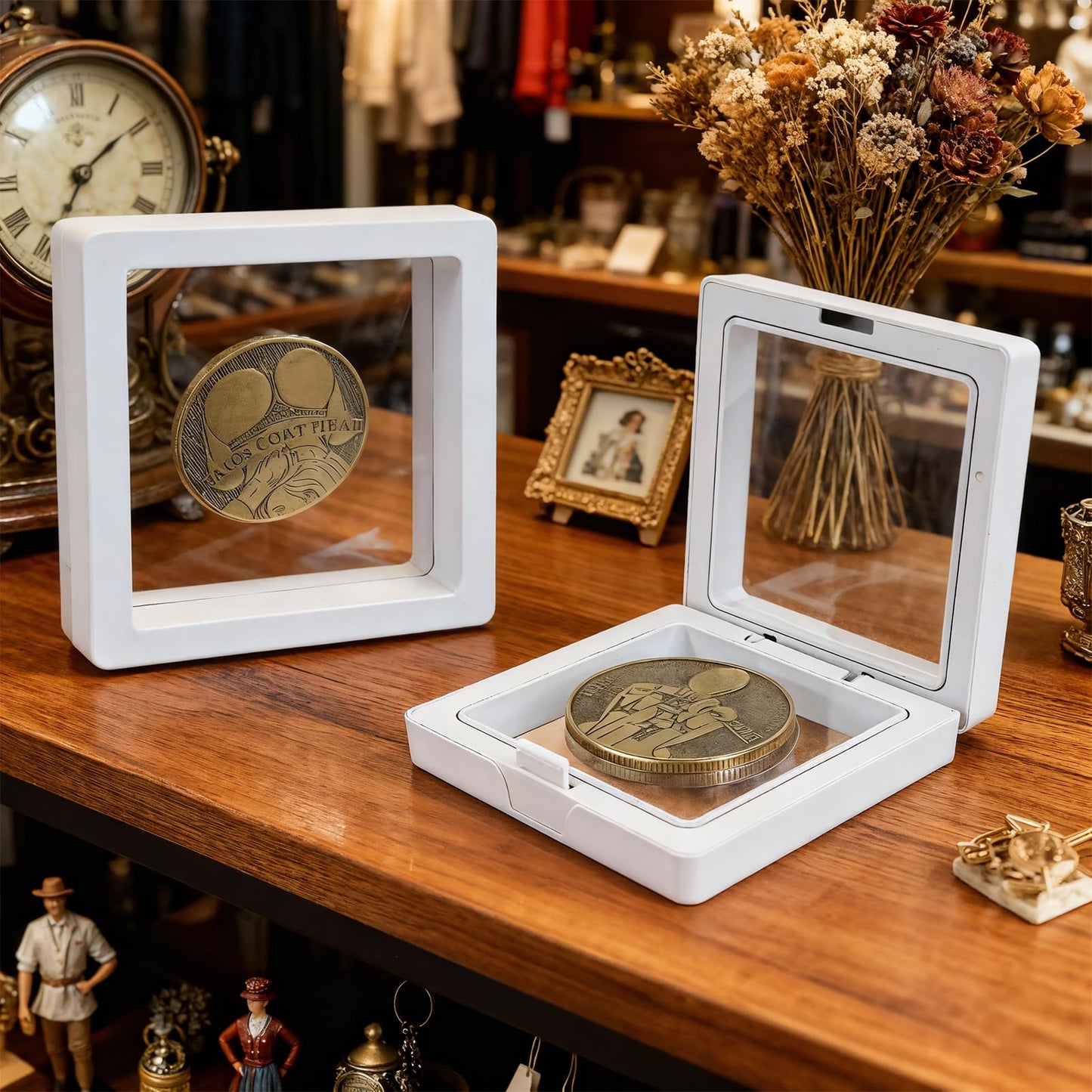 80 Pcs 3D Floating Frame Display Case, Challenge Coin Display Holder Stands, Clear PE Film Jewelry Shadow Box for Pins, AA Medallion, Military Medal, Shells, Rocks, Fossils, 2.8x2.8x0.8 Inch, White.