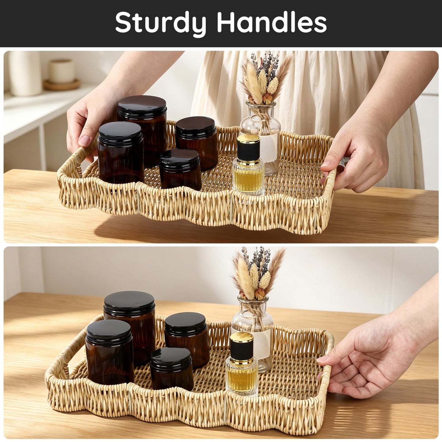 Segbeauty Plastic Serving Tray with Handles for Bathroom, 14x9.8x1.8in PP Rattan Rectangle Tray for Coffee Table, Faux Rattan Bedroom Vanity Basket Organizer, Decorative Towel Storage Wicker Basket