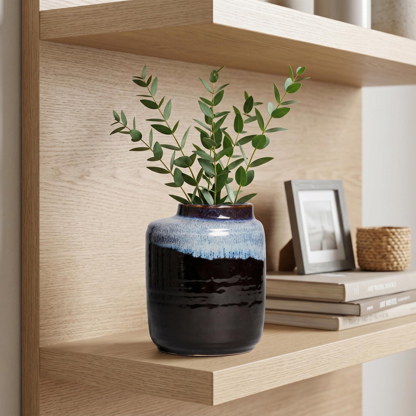 Wancetang Black and Blue Vase - 7 Inch Modern Ceramic Vase for Decor Pottery Decorative Flower Vases for Home Decor Table Living Room Bathroom Shelf Mantel Decoration