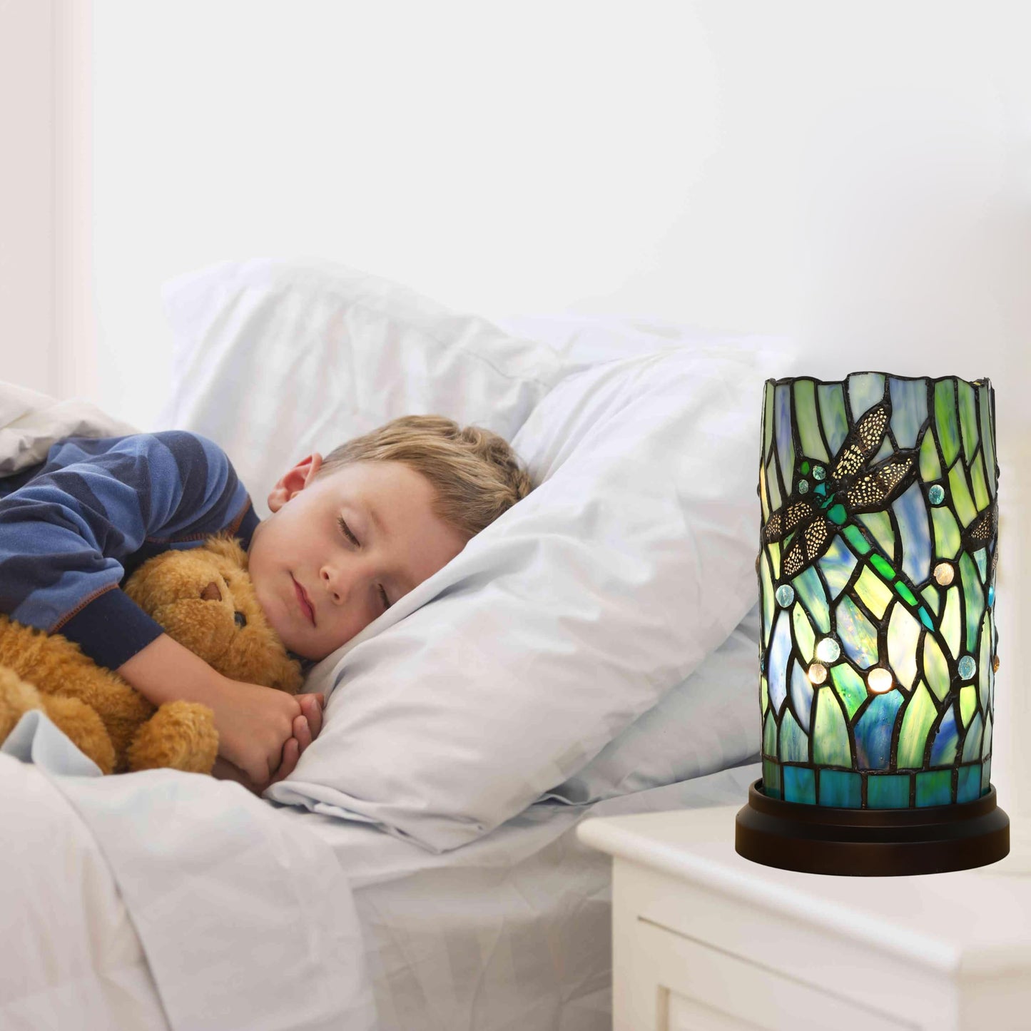 KALOUFUL Tiffany Style Table Lamp for Bedroom Baroque Stained Glass Nightstand Bedside Night Lamp Party Light Hand-Made Art Home Deco Christmas Gifts W/ 2 LED Bulbs (3 Color Temperatures+Flame Bulb)