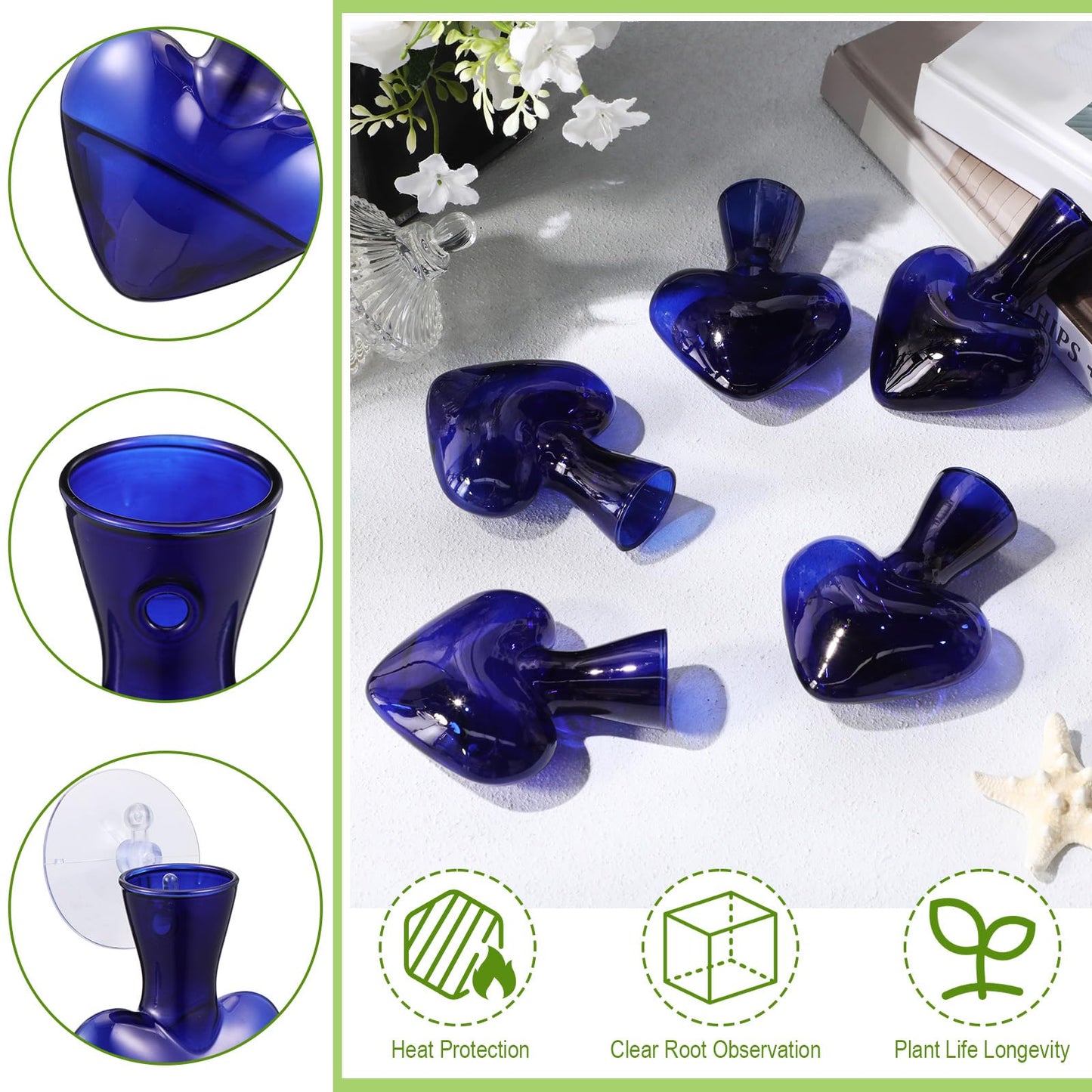 Maxdot 6 Pcs Wall Hanging Window Propagation Stations Glass Heart Plant Vase with Suction Cups Air Plant Terrarium for Hydroponics Home Office Decor (Blue)