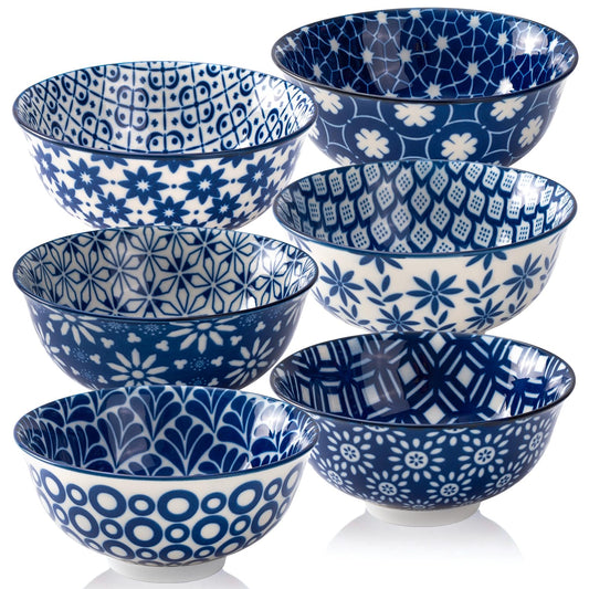 AntoKueh 6 inches Blue and White Ceramic Bowls, 23Oz Deep Cereal Porcelain Bowls set of 6, Large Soup Bowls for Salad, Fruit, Vintage, Party Tableware