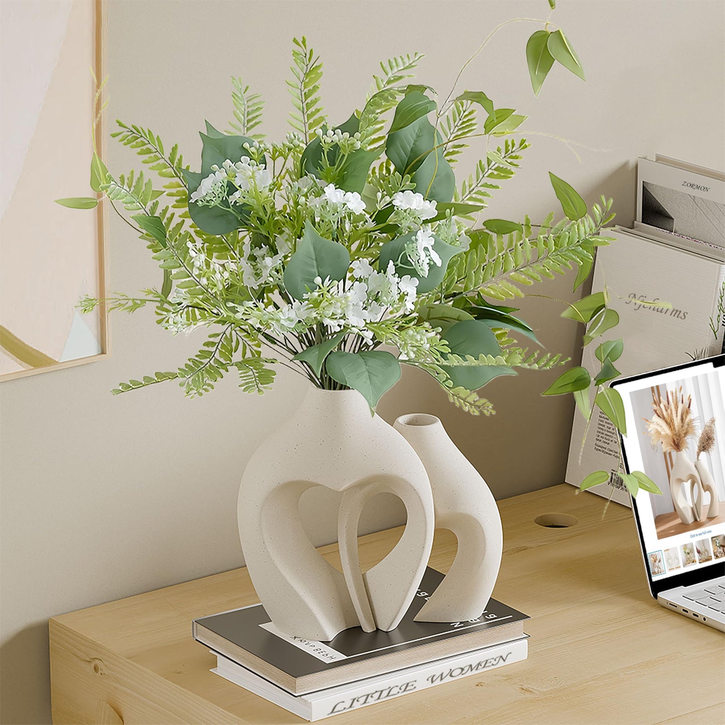 White Ceramic Flower Vase Home Table Decor Heart Shaped Vase Set of 2