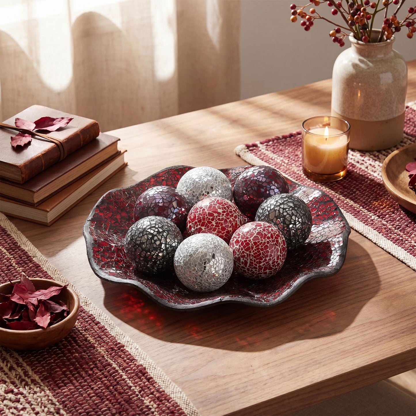 Suclain Centerpiece Bowl and Decorative Balls Set 8 Pcs Table Mosaic Plate with 2.4 Inch Glass Mosaic Orbs Glass Turquoise Tray and Spheres for Centerpiece Table Home Vases Decor (Red and Black)