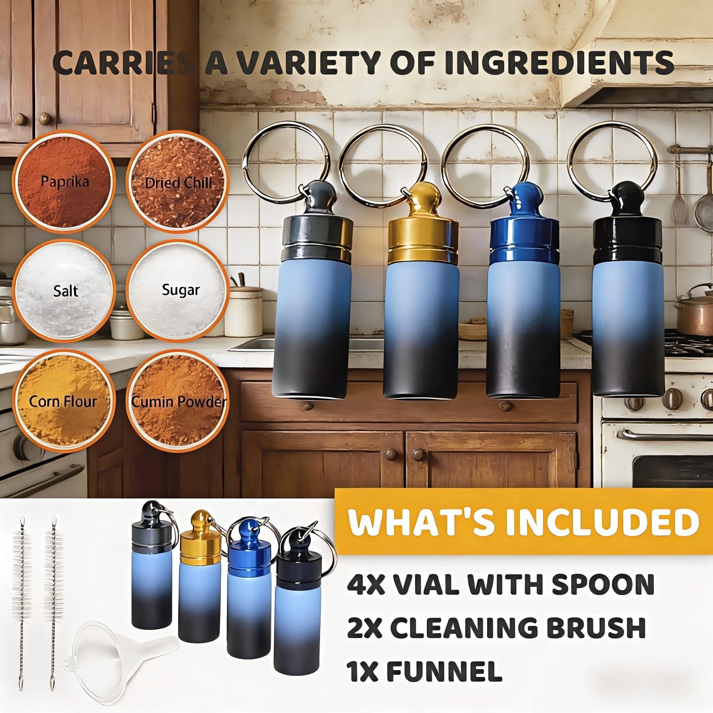 Sjxsimwoo 4-Pack Portable Aluminum Alloy Spice Container with Keychain and Spoon, Perfect for Outdoor Picnics and Travel - Blue-black gradient