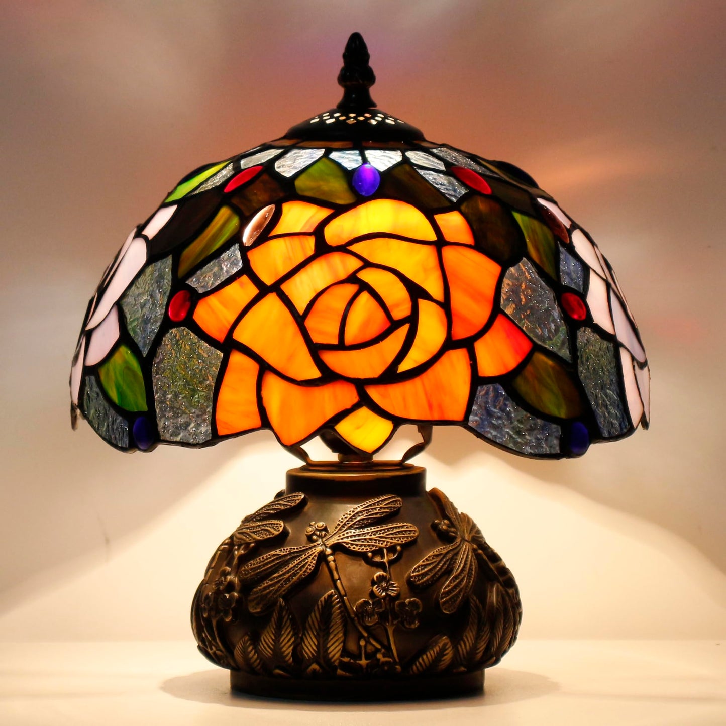 SYETL Small Tiffany Table Lamp Yellow Purple Rose Style Stained Glass Desk Lamp 10X11.5 Inch Mushroom Table Light for Office Home Living Room Bedroom