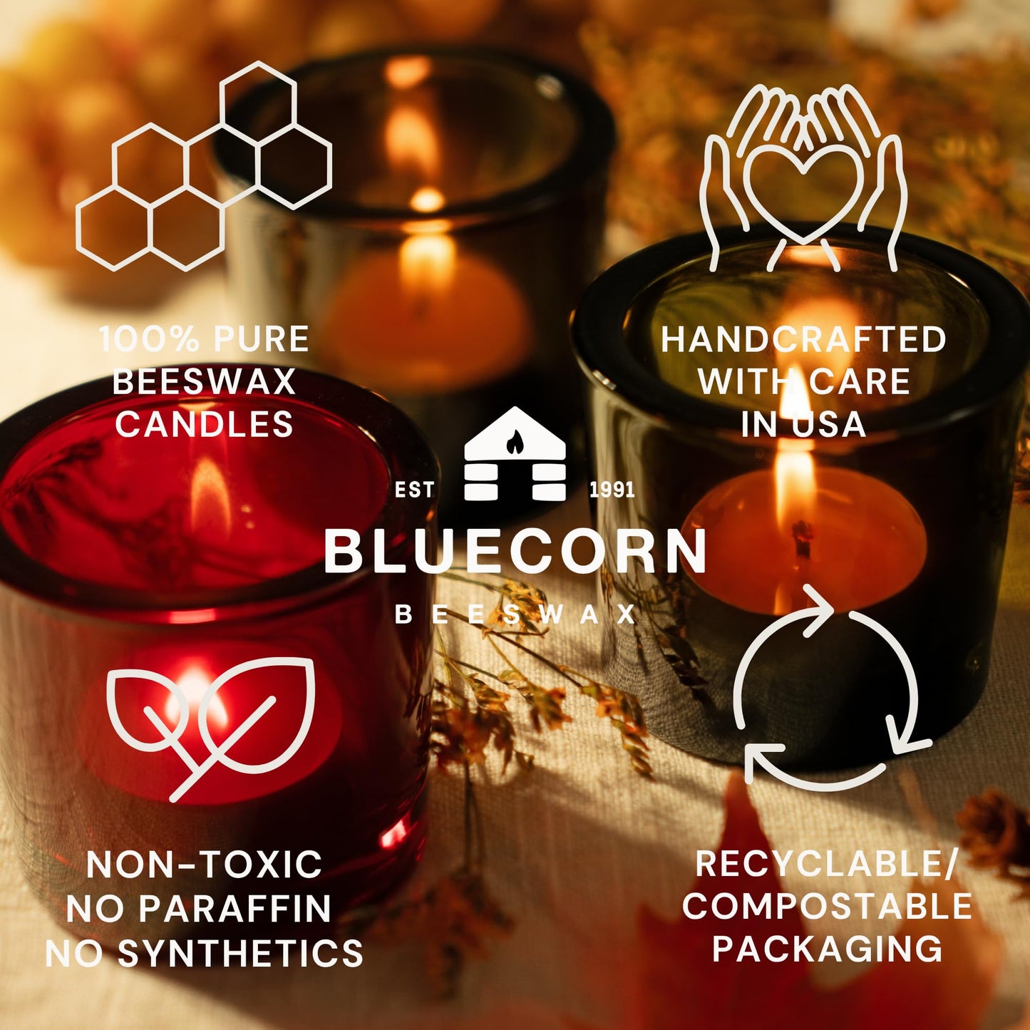 Bluecorn Beeswax Tea Light Candles, 100% Pure Natural Bees Wax, Yellow Tea Lights in Metal Cups, Fragrance Free, Paraffin & Soy Free Candle Wax, Clean Burning, Long Lasting, American Made, 24 Pack