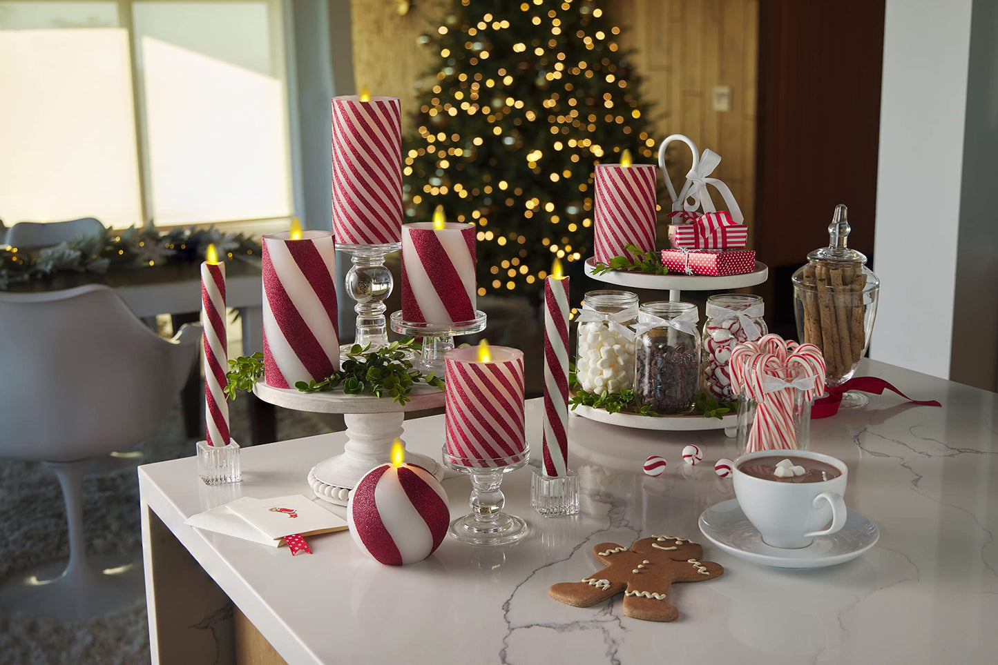 Luminara Classic Candy Cane Holiday Collection Flameless Candles, Real Wax LED Pillar, Taper and Sphere, Timer, Remote Ready