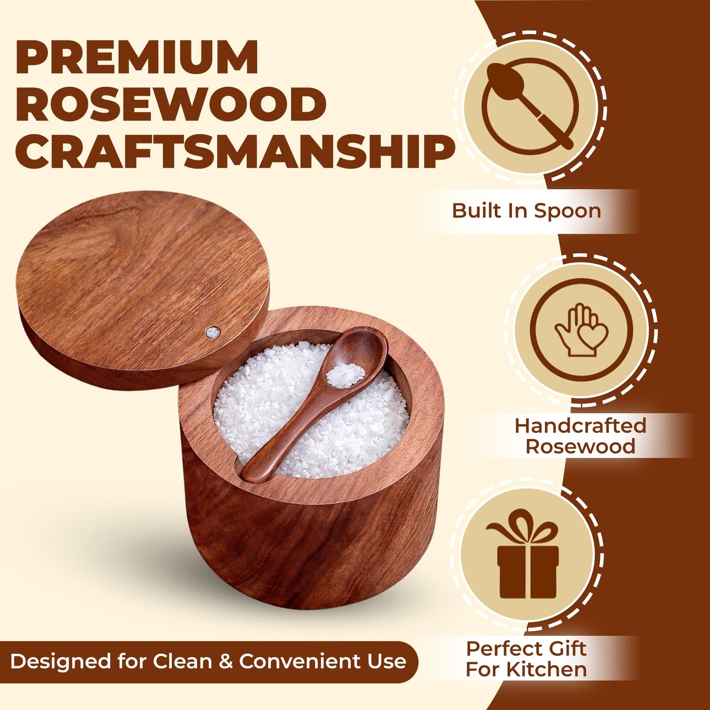 Wooden Salt Cellar with Magnetic Swivel Lid & Built-in Spoon, Salt Box for Kitchen Countertop, Premium Rosewood Salt Keeper for Sea Salt, Pepper & Spices (4.5 oz)