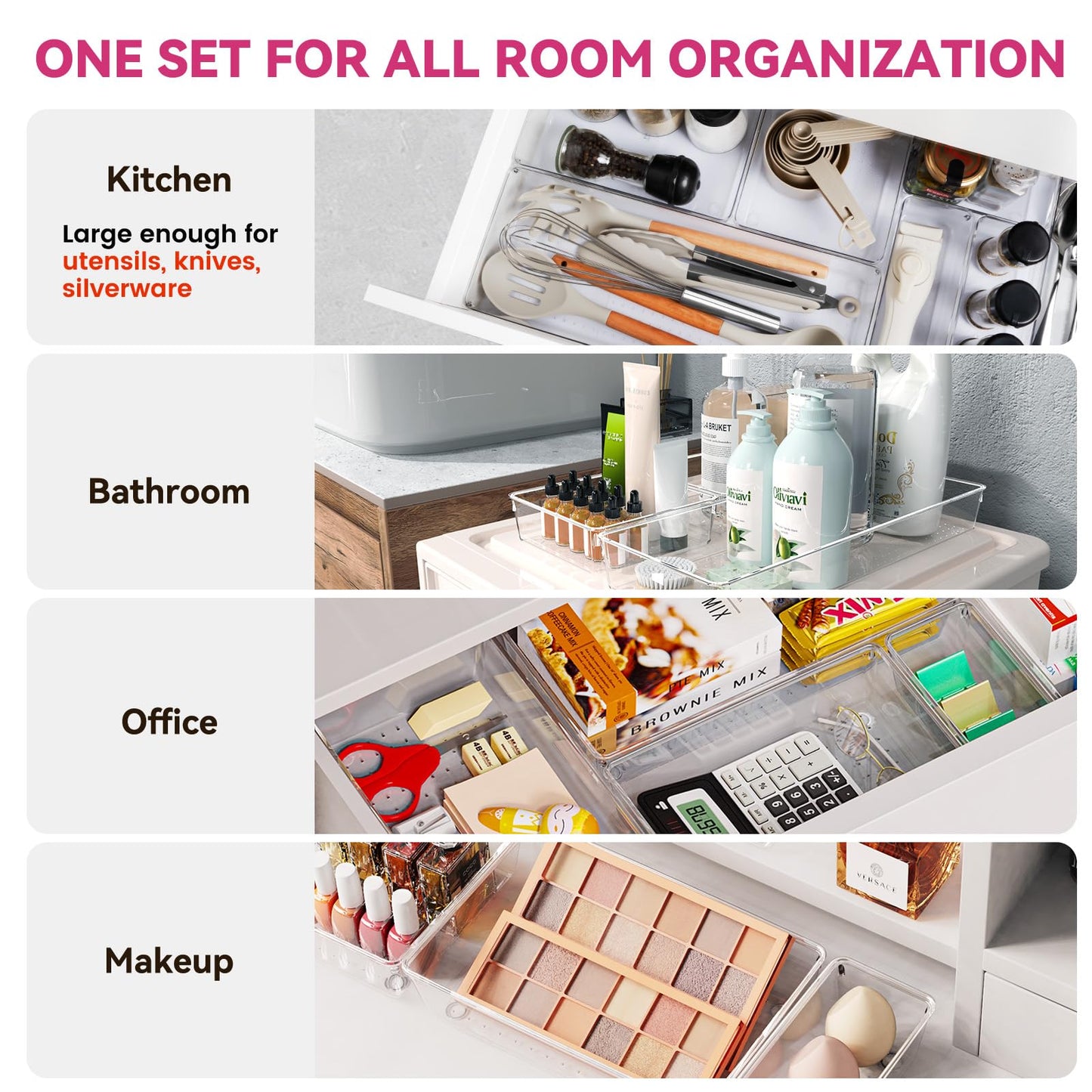 Criusia Large Drawer Organizer Bins 26 Pack | Complete 5 Size Clear Plastic Kitchen Drawer Organizers for Utensils | Bathroom Drawer Organizer Trays | Versatile for Makeup Office Organization