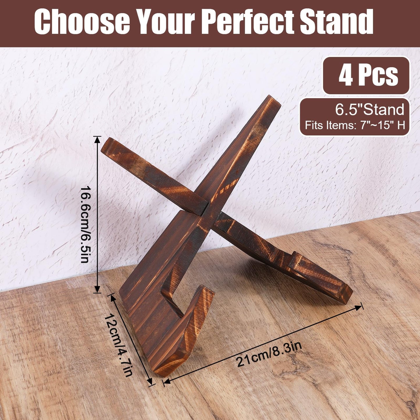 4 Pack Wood Bowl Display Stand For Display - 6.5 Inch Wooden Plate Holder Display Stand, Wooden Easel Frame Holder, Decorative Wood Display Plate Holders for Art, Rock, Mineral, Fossil, Clock, Book