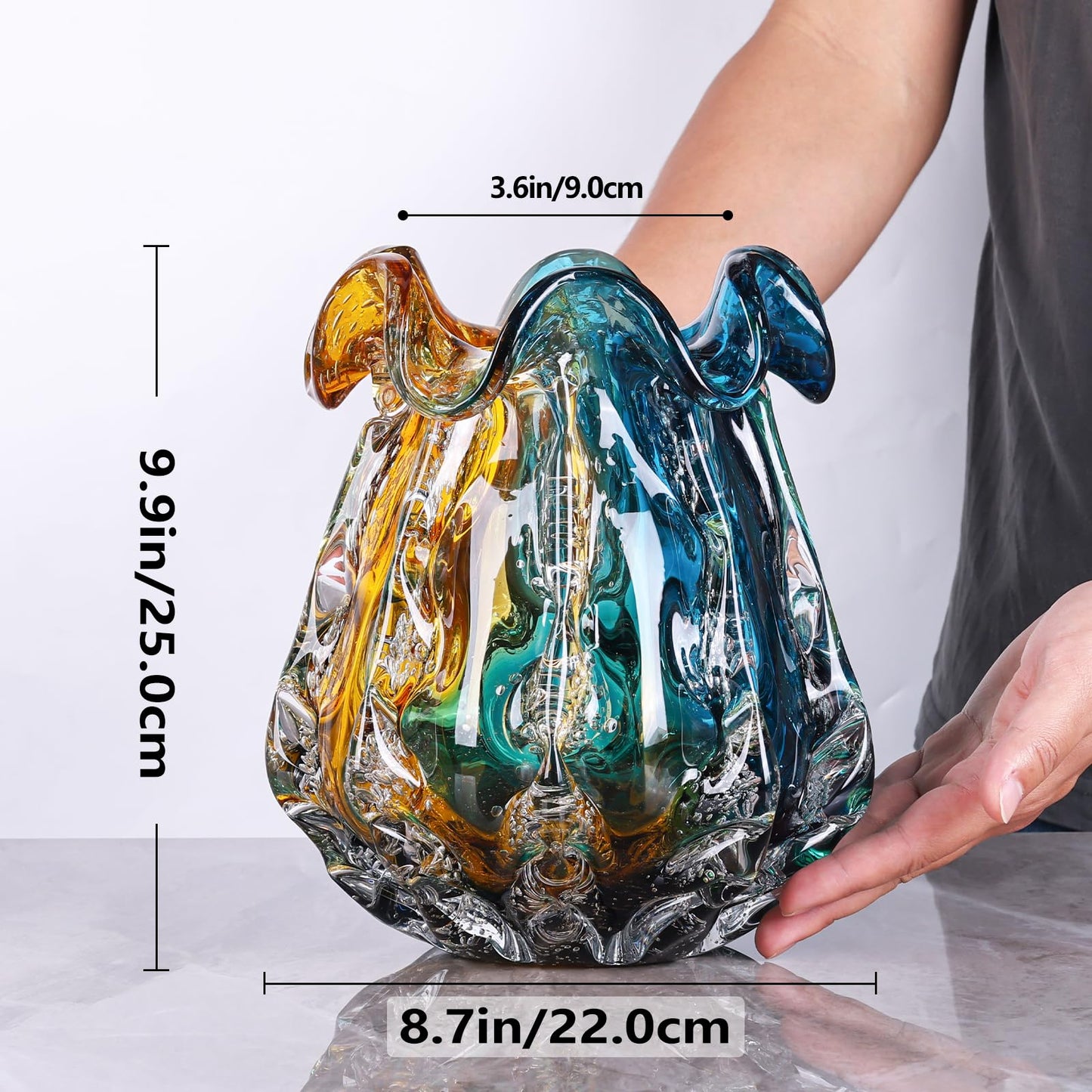 9.9" Tall Large Clear Glass Vase Wide Mouth, Pretty Hand Blown Glass Vase for Bouquet, Unique Teal and Amber Sea Vases for Modern High End Living Room, Office, Dining Table Centerpieces