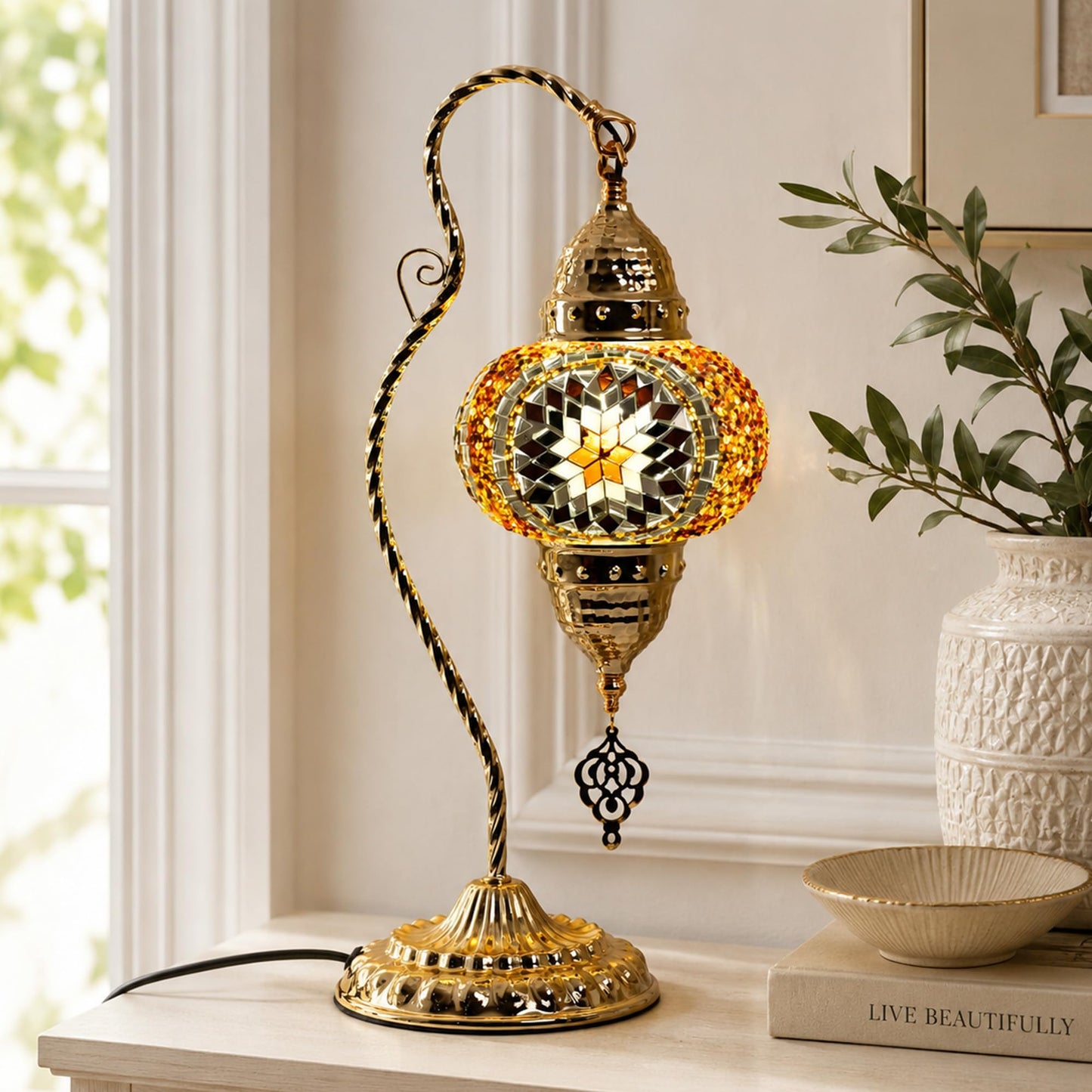 GOGERS Turkish Mosaic Table Lamp, Moroccan Style Swan Neck Bedside Lamp with Handmade Glass Shade, LED Bulb Included, Warm Ambient Decorative Accent Lamp for Bedroom, Living Room, Nightstand (Brown)