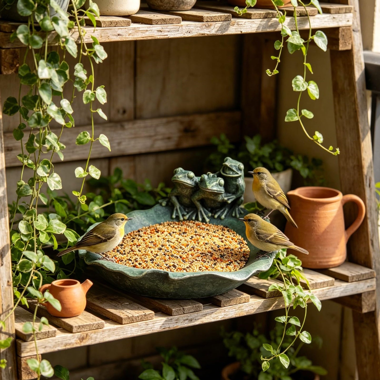 Wild Bird Feeder Birdbath Bowl - Garden Decorations Hummingbird Feeders Frogs on Leaf Bird Bath for Backyard Patio Outdoor Gifts for Frogs Lovers Mom Grandma Women 9.25*9.25*5 inch Newman House Studio
