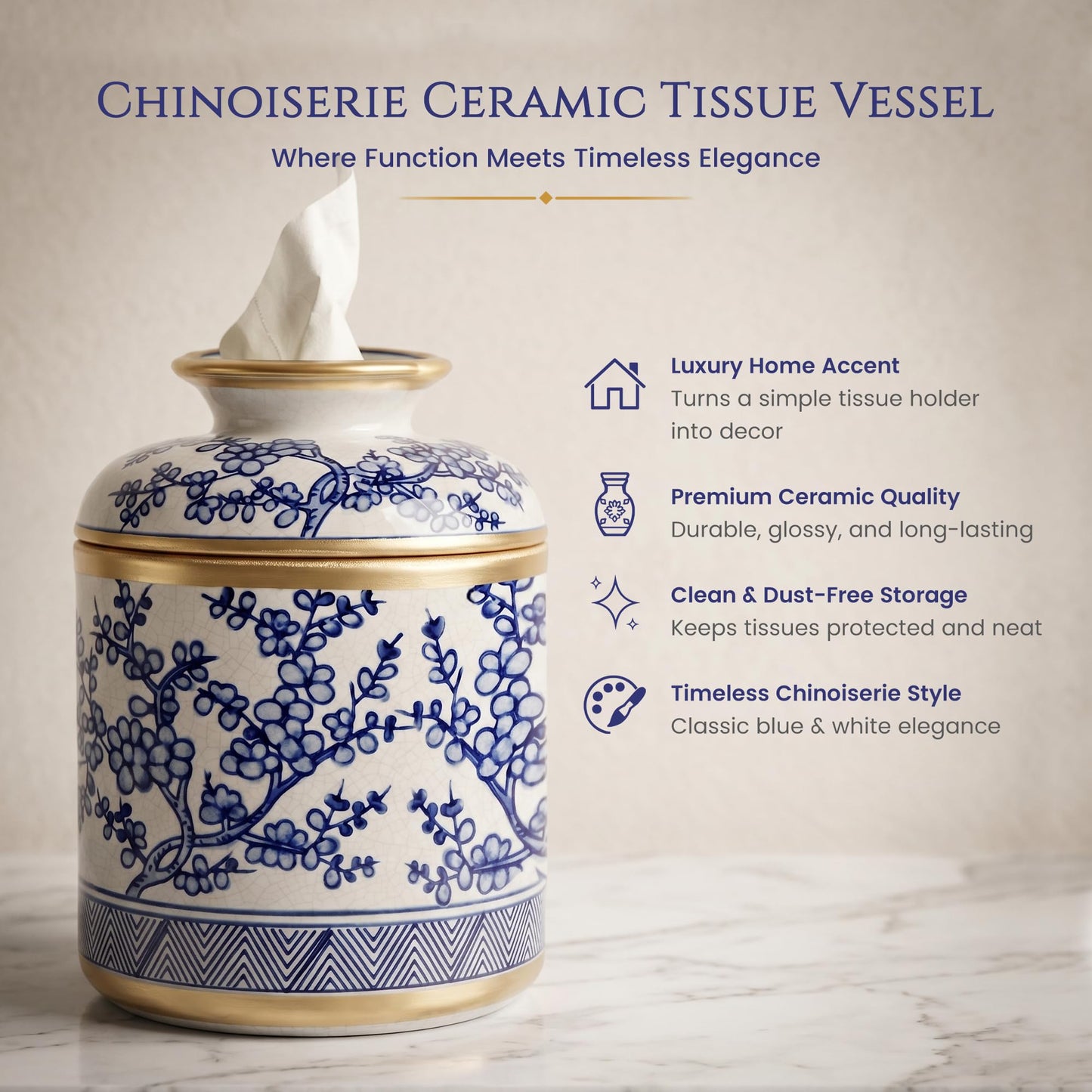 Tissue Vessel Round Ceramic with Lid - Handmade Blue and White Chinoiserie Ceramic Tissue Holder for Bathroom – Chinoiserie Decor Accent for Living Room, Bedroom, Office - Blue and White Porcelain